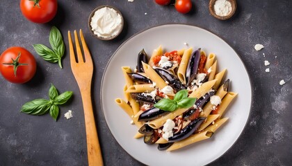 Pasta penne with eggplant. Pasta alla norma - traditional Italian food with eggplant, tomato, ricotta cheese and basil - obrazy, fototapety, plakaty