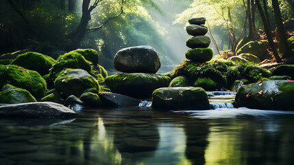 Display an image of stones near a waterfall, creating a soothing soundscape.