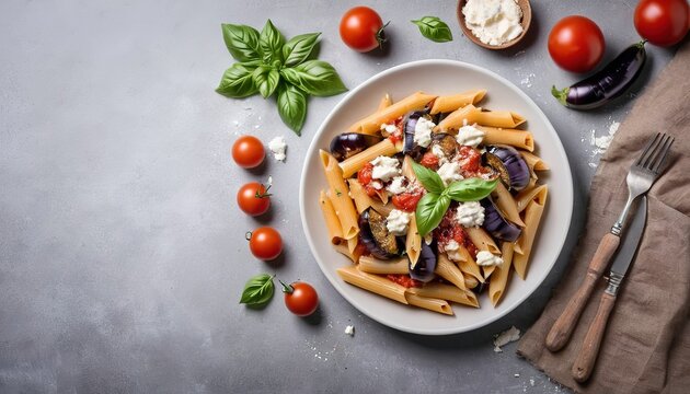 Pasta penne with eggplant. Pasta alla norma - traditional Italian food with eggplant, tomato, ricotta cheese and basil