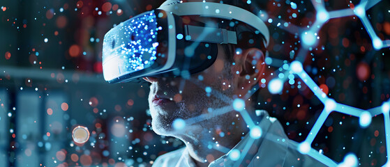 Interacting with virtual reality, Specialist researcher doctor wearing virtual reality goggles during neuroscience experiment in biochemistry hospital laboratory.