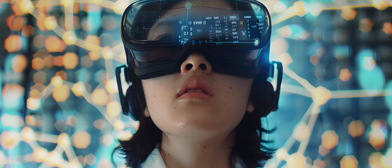 Interacting with virtual reality, Specialist researcher doctor wearing virtual reality goggles during neuroscience experiment in biochemistry hospital laboratory.