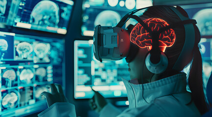 Interacting with virtual reality, Specialist researcher doctor wearing virtual reality goggles during neuroscience experiment in biochemistry hospital laboratory.