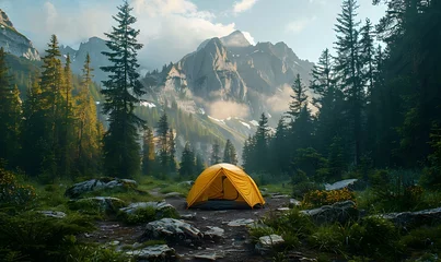Selbstklebende Fototapeten A picturesque camping site in nature with tents and campfire, forest, mountain, generated by AI © Sigit