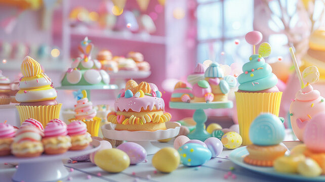 An enchanting display of whimsical pastries and candies in a dreamlike pink bakery setting, inviting a sense of sweet fantasy and delight.