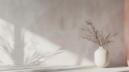 A serene composition featuring a single white vase with delicate red berries, set against a textured wall bathed in the soft light and shadows of a peaceful, natural setting