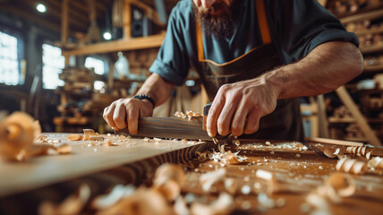 A skilled craftsman carefully planes a piece of wood, surrounded by the tools of his trade in a workshop brimming with creativity and tradition.