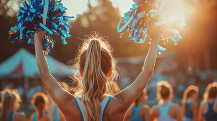 Backlit by the golden hour sun, a cheerleader raises her pom-poms high, embodying the energetic spirit and enthusiasm of the team. - obrazy, fototapety, plakaty