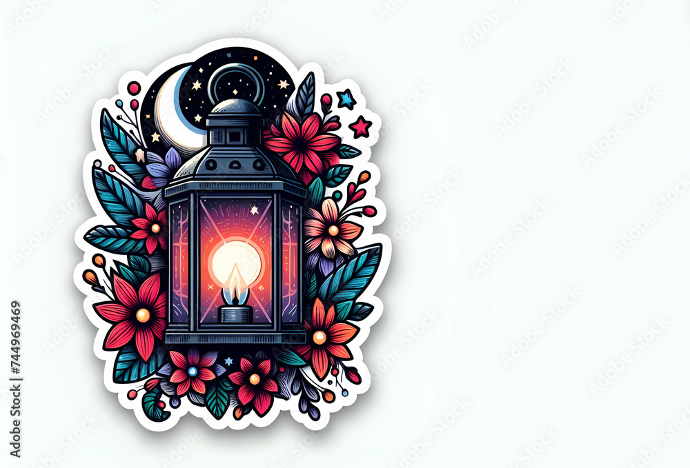 Fototapete Ramdan kareem  a lantern with roses and a moon in the white background ai generative