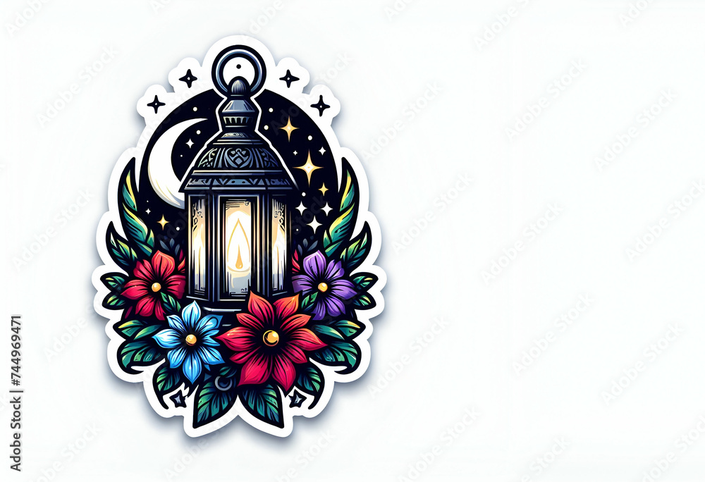 Fototapete Ramdan kareem  a lantern with roses and a moon in the white background ai generative