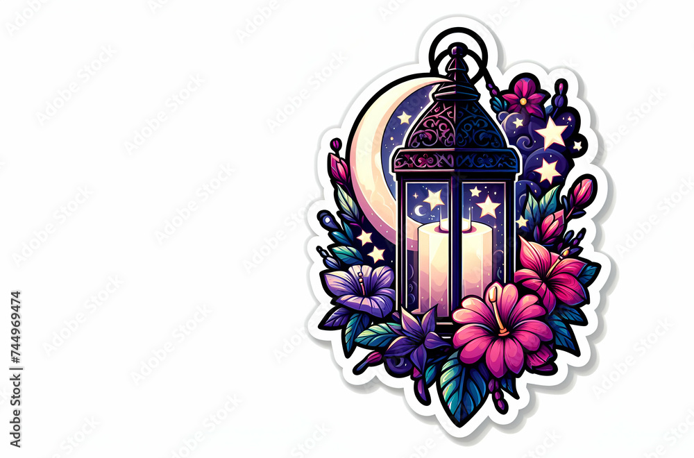 Fototapete Ramdan kareem  a lantern with roses and a moon in the white background ai generative