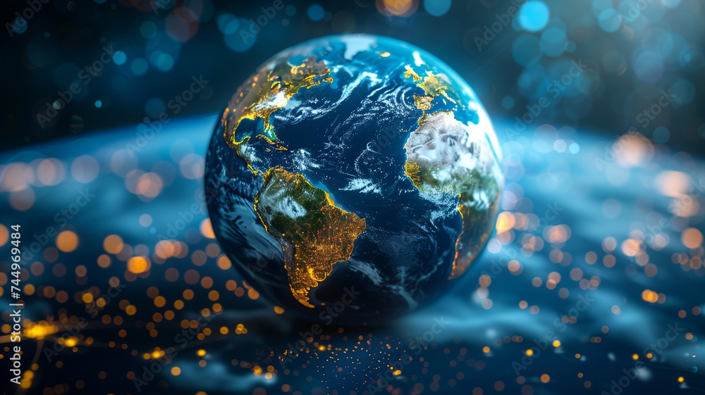 Poster a striking representation of earth with illuminated networks signifying global connectivity, set aga