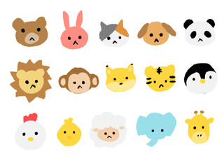子どもがクレヨンで描いたようないろいろな動物の顔の手書き風イラストセット（ベクター版）
