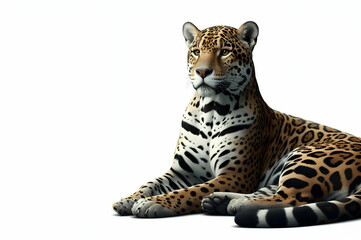 Portrait of leopard sitting a looking away proudly, Panthera pardus, against white background ai generative