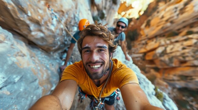 Celebrate the joy of teamwork with a selfie during a thrilling team-building activity like rock climbing