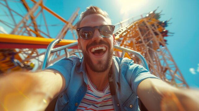 Document the exhilaration of a roller coaster ride with a selfie capturing the twists and turns