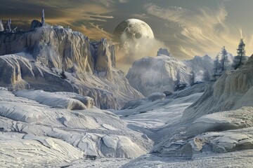 Alien landscape wallpaper in winter, in the style of realistic landscapes with soft edges, digitally enhanced, expressionist imagery, majestic romanticism, sculpted