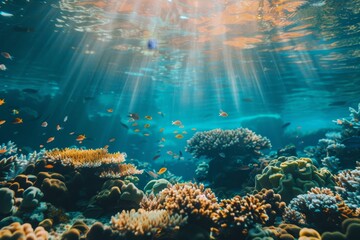 Some corals under the ocean with sun rays shining from them, in the style of naturalist aesthetic, environmental awareness, wetcore, exacting precision, environmental activism, ocean academia, marine  - obrazy, fototapety, plakaty