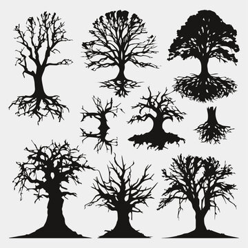 old dark trees with roots dead forest trees silhouettes collection