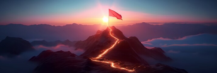 Concept of step-by-step achievement of goals. Glowing path leading to success and achievements concept with flag on peak of mountain. Ad poster for business the presentation.
