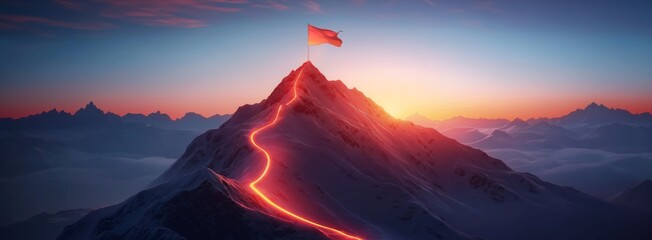 Concept of step-by-step achievement of goals. Glowing path leading to success and achievements concept with flag on peak of mountain. Ad poster for business the presentation. - obrazy, fototapety, plakaty