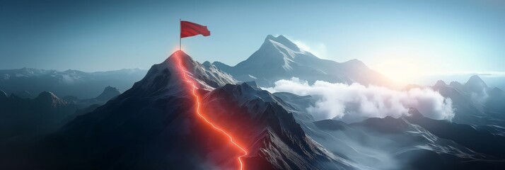 Concept of step-by-step achievement of goals. Glowing path leading to success and achievements concept with flag on peak of mountain. Ad poster for business the presentation.