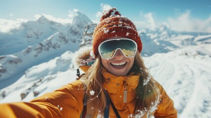 Capture the essence of winter fun with a skiing or snowboarding selfie on a snowy mountainside - obrazy, fototapety, plakaty