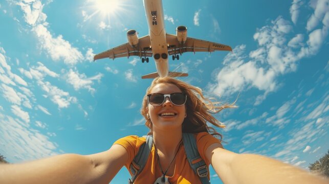 A woman Showcase your love for airplane with a selfie