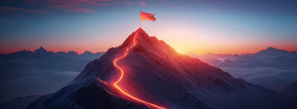 Concept of step-by-step achievement of goals. Glowing path leading to success and achievements concept with flag on peak of mountain. Ad poster for business the presentation.