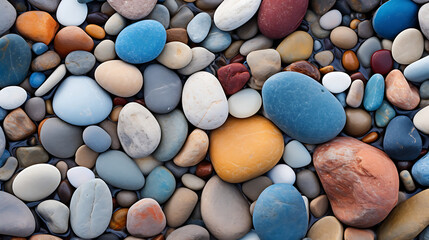 Display a serene scene of smooth beach stones along the shoreline. - Powered by Adobe