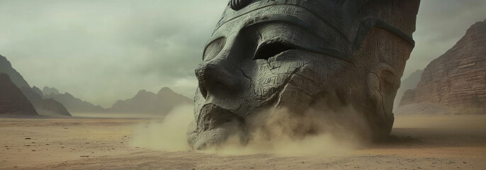In the Egypt desert сlose view pharaoh head sculpture. Ancient Egypt fantasy. - obrazy, fototapety, plakaty
