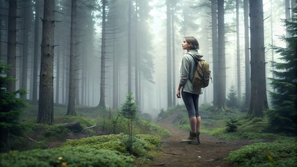 Full body side view of young female traveler in misty pine forest