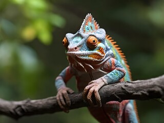 Fototapeta premium Chameleon on a branch looking for food