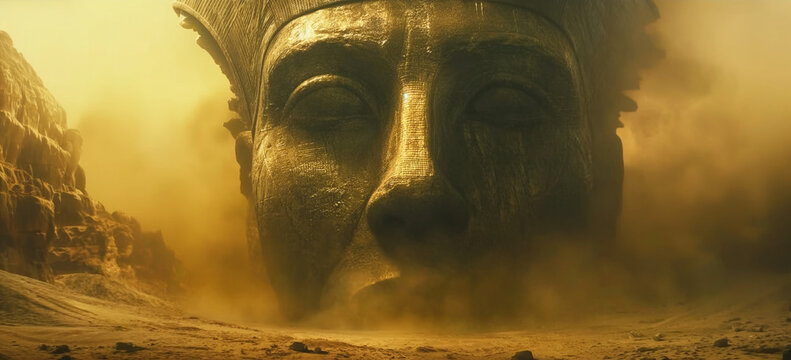 In the Egypt desert сlose view pharaoh head sculpture and hieroglyphics. Ancient Egypt fantasy.