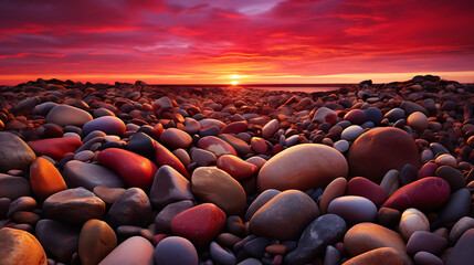 Fototapeta na wymiar Display stones in shades of red and orange against a fiery sunset sky.