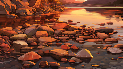 Display stones in warm sunset hues along a riverbank.
