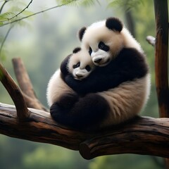 Obraz premium A panda is hugging its cub on a tree branch