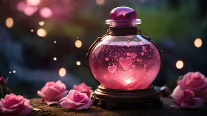 Obraz na płótnie Canvas Potion of Love: Romantic Pink Elixir with Heart-Shaped Bubbles in Rose Quartz Bottle