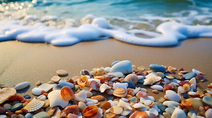 Obraz na płótnie Canvas Display stones near the ocean with seashells scattered on the sandy beach.