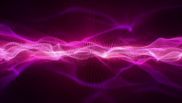 Loop animation of abstract pink waves made of glowing particles moving on dark background. Equalizer, signal chart, ultraviolet spectrum, cyber space, impulse power and energy visualization. 4k, 60fps