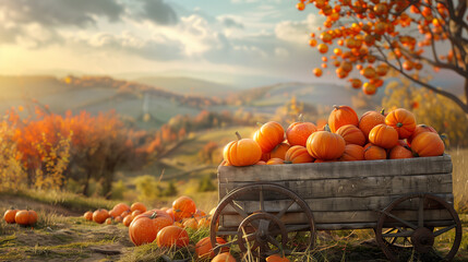 An old wooden wagon filled with freshly harvested pumpkins, set against the backdrop of a sprawling autumn landscape - obrazy, fototapety, plakaty