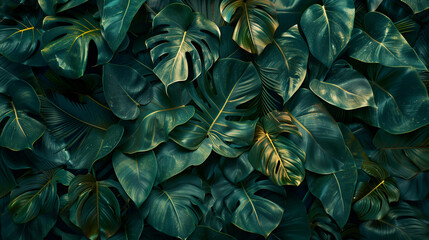Fototapeta na wymiar Dark green tropical leaf foliage creating an abstract pattern in nature's background