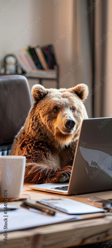 Aufkleber a bear in tech support solving complex issues on a laptop in a fast paced it office