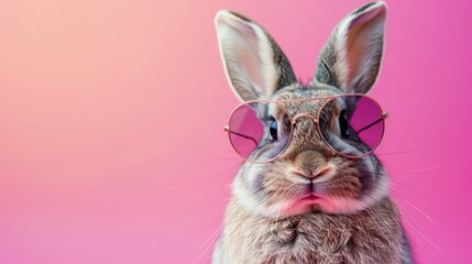 Fototapeta premium Abstract clip art of a smiling rabbit wearing trendy sunglasses. Cool bunny with sunglasses on a colorful pink background. Contemporary colorful background with copy space. For posters, planners, illu