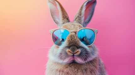 Abstract clip art of a smiling rabbit wearing trendy sunglasses. Cool bunny with sunglasses on a colorful pink background. Contemporary colorful background with copy space. For posters, planners, illu