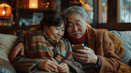 asian senior couple looking at gadget