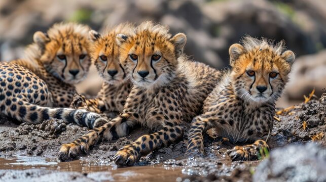 amusing scene of playful cheetah cubs rolling in the mud, highlighting their spotted coats and energetic playfulness