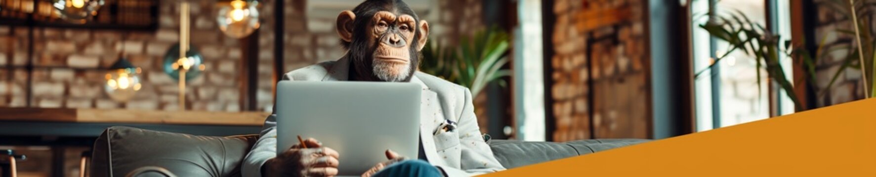 A charismatic monkey in business attire working on a laptop in a creative office space