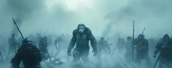 A dramatic surreal image of a monkey general leading a charge against human warriors in a misty foreboding landscape