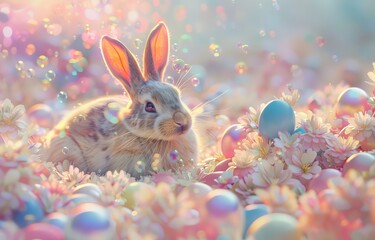 Fototapeta na wymiar A fantastical iridescent rabbit surrounded by a myriad of shimmering Easter eggs under a pastel spring sky
