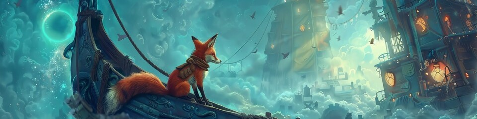 A fox in a historians submarine exploring a surreal museum filled with wormholes and odyssey sketches - obrazy, fototapety, plakaty